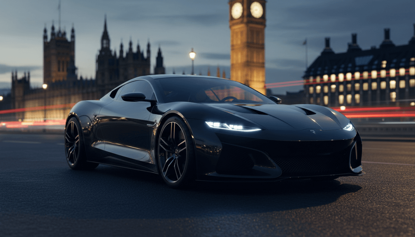 Sleek black luxury sports car parked on a London street at dusk