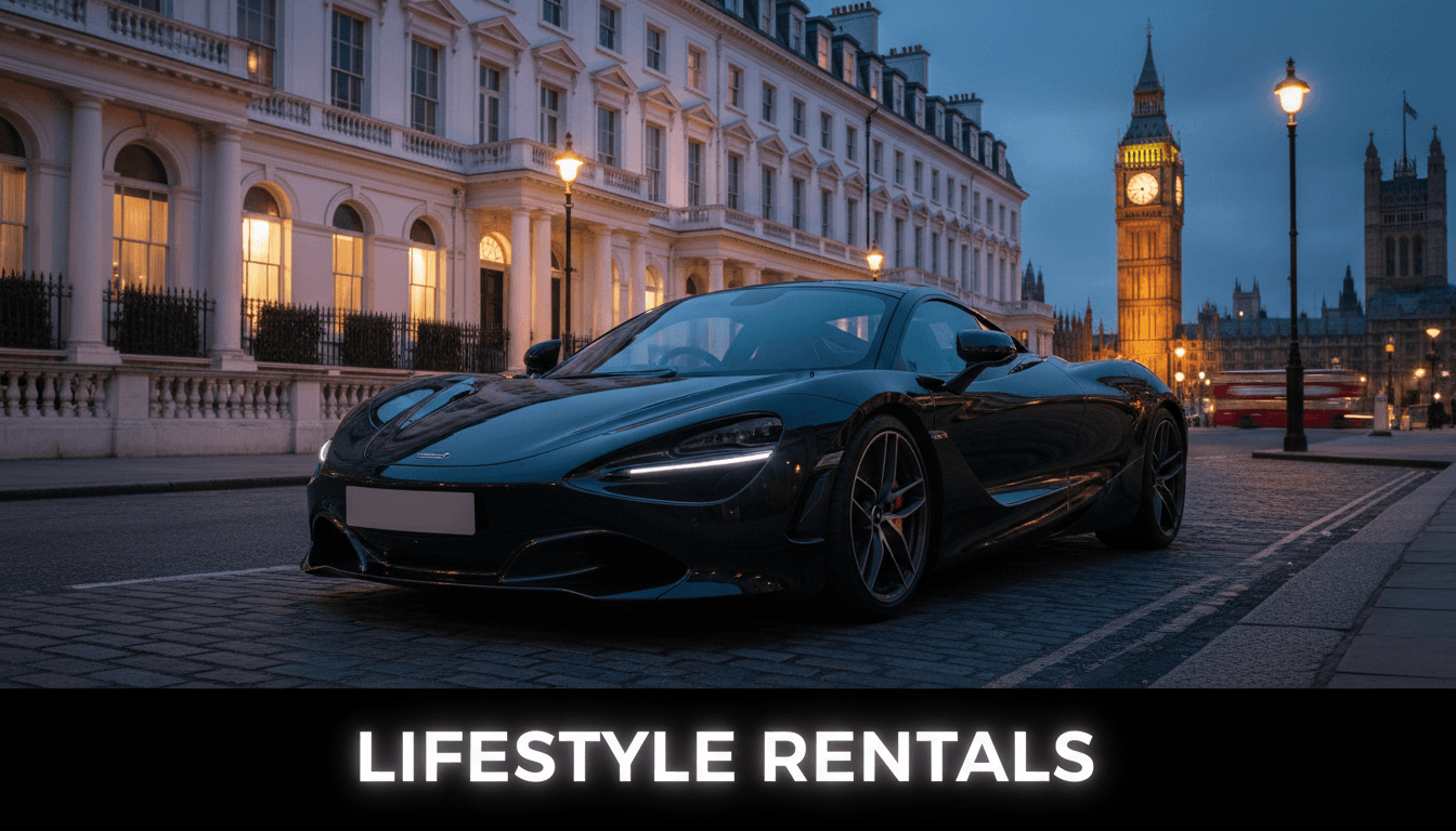 Luxury sports car on a London street at dusk, showcasing sleek design